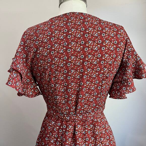 Max Studio Women's Red Floral Midi Ruffle Wrap Dress Size Small - Picture 8 of 11